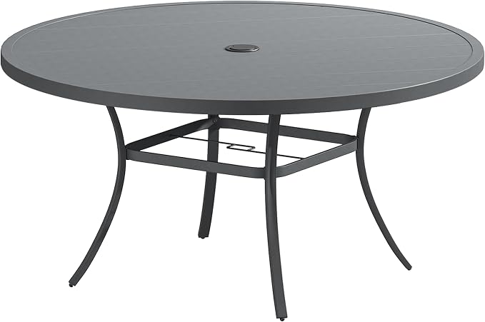 Patio Dining Table for 8-10, Round Metal Outdoor Table with 1.57" Umbrella Hole, 60" Outdoor Slat Tabletop Dining Table for Backyard, Porch, Lawn, Dark Grey