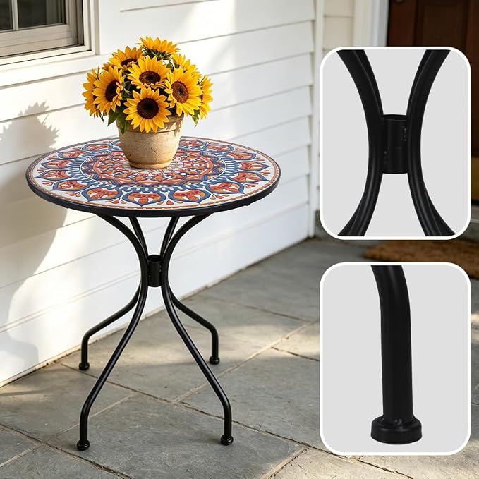23.6" Outdoor Patio Mosaic Round Table Garden Bistro Accent Table | Ceramic Tile Waterptoof Side End Table Metal Frame Dining Table Furniture for Balcony Backyard Porch Poolside Terrace