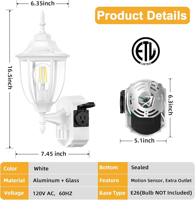 2 Pack Porch Lights with Outlet, Motion Sensor Outdoor Lights, Updated Dusk to Dawn Exterior Lighting Fixtures, Waterproof Anti-Rust Aluminum Outside Light for House Entryway Garage, White