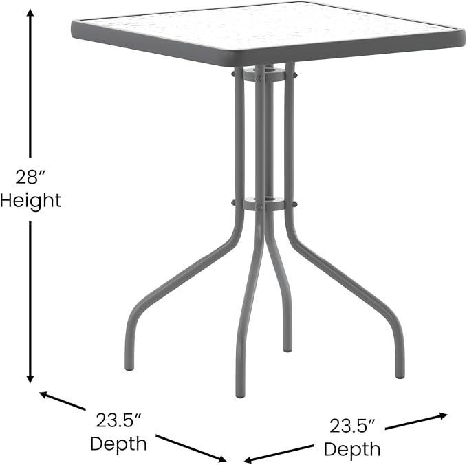 EMMA + OLIVER Benji Patio Dining Table - Silver Metal Frame - 23.5" Square Tempered Glass Top - Suitable for Indoor/Outdoor Use