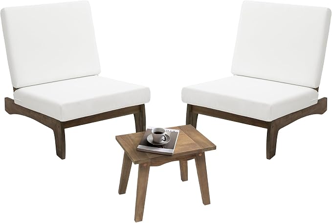 2 Piece Wood Patio Chair Outdoor Bistro Set, All Weather Outdoor Furniture Patio Sofa Chair Backyard Seating Group Conversation Sets with Cushions, Beige