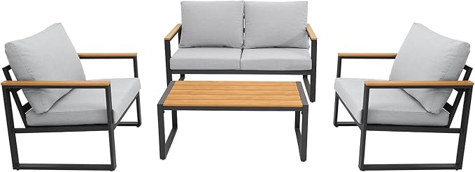 Patio Furniture Set, 4 Pieces Outdoor Patio Furniture with Coffee Table Set, Metal Patio Conversation Sets with Washable and High-Resiliency Sponge Cushions, Upgarded Light Grey