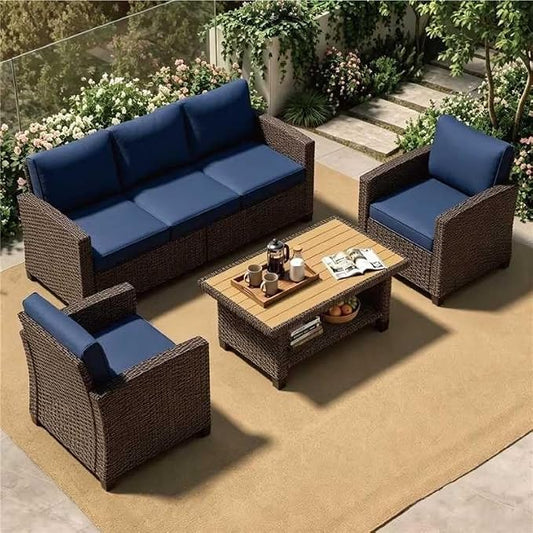 4 Piece Outdoor Patio Furniture Set Brown Rattan Sofa Seating All-Weather PE Wicker Conversation Set with Cushions and Coffee Table for Garden