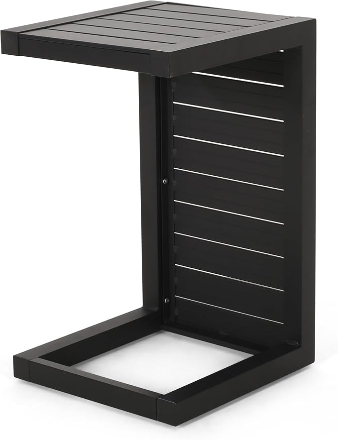 C-Shaped Outdoor Side Table for Lounge Chair Relaxing: Slide Under Design Keeps Drinks & Phone at Hand - No Leg Room Lost - Rust-Resistant Aluminum Frame - 165 lbs Capacity - Matte Black