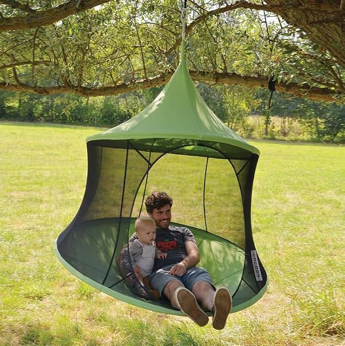 Vivere Polyester Canvas Cacoon Reto Multi Person Hanging Pod - Includes Hanging Rope and Carabiner - 440 lb Weight Capacity (Green)