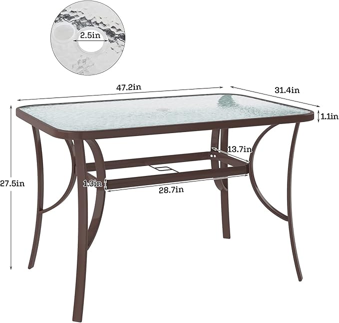 SogesPower Outdoor Tempered Glass Table Patio Dining Table with Umbrella Hole Steel Frame 47 inch Brown
