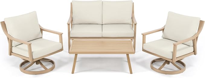 HAPPATIO 4-Piece Patio Furniture Set - Outdoor Aluminum Patio Conversation Set Includes 1 Loveseat, 2 Swivel Chairs, and 1 Coffee Table, Perfect for Porch, Deck, Garden, (Beige)