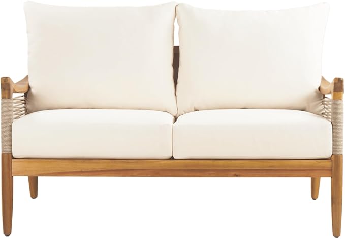 Christopher Knight Home Havets 4 Piece Patio Conversation Sets, Outdoor Acacia Wood Patio Seating Group,Woven Rope Loveseat Chairs with Cushions and Coffee Table for Porch Backyard Balcony, Teak+Beige