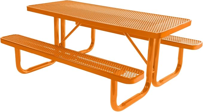 COATEDOUTDOORFURNITURE Heavy-Duty Portable Outdoor Picnic Table, Thermoplastic Coated Expanded Metal Commercial-Grade Patio Furniture Made in America (6ft Rectangular, Orange with Orange Frames)