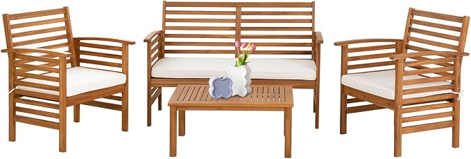 Outdoor Wood Sofa Set Patio Conversation Sets Acacia Patio Sofas Set with Thick and Soft Cushions Easy to Assemble Patio Furniture Set Natural Acacia Wood Compact and Sturdy Design Furniture Set