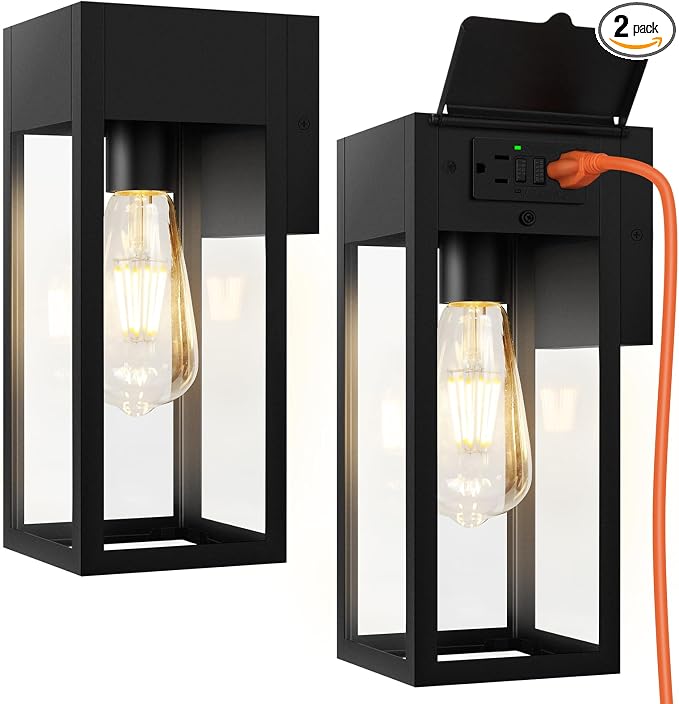 2 Pack Porch Lights Outdoor Wall Sconce, Outdoor Light with GFCI Outlet, Waterproof Exterior Wall Lantern Light Fixtures, Anti-Rust Wall Lamp with Clear Glass for Patio Doorway Garage- Black