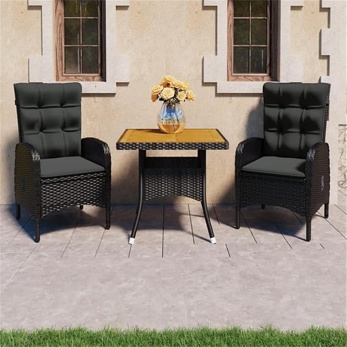 Afuera Living 3-Piece Patio Dining Set, Black Poly Rattan/Steel/Acacia Wood, Square Table with 2 Chairs, Weather-Resistant Cushions, Modern Style for Outdoor Patio, Garden, or Balcony Use