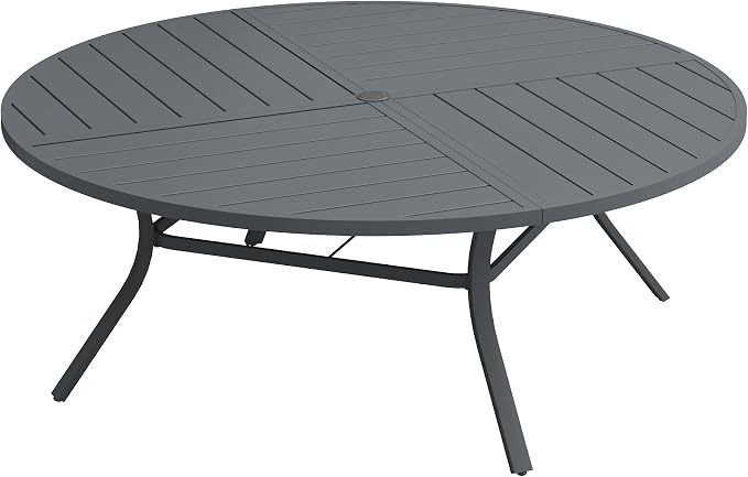 63" Outdoor Dining Table with Adjustable Umbrella Hole, Metal Slatted Round Patio Dining Table for Backyard Garden Deck, Dark Grey