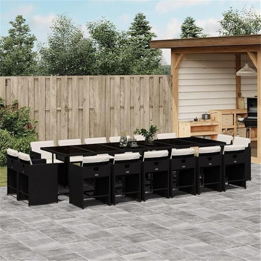 Afuera Living Contemporary Rattan Patio Dining Set, Black/Cream White, 16-Seater, UV-Resistant PE Rattan with Powder-Coated Steel Frame, Garden Table and Chairs, Cushioned Outdoor Furniture for Patio