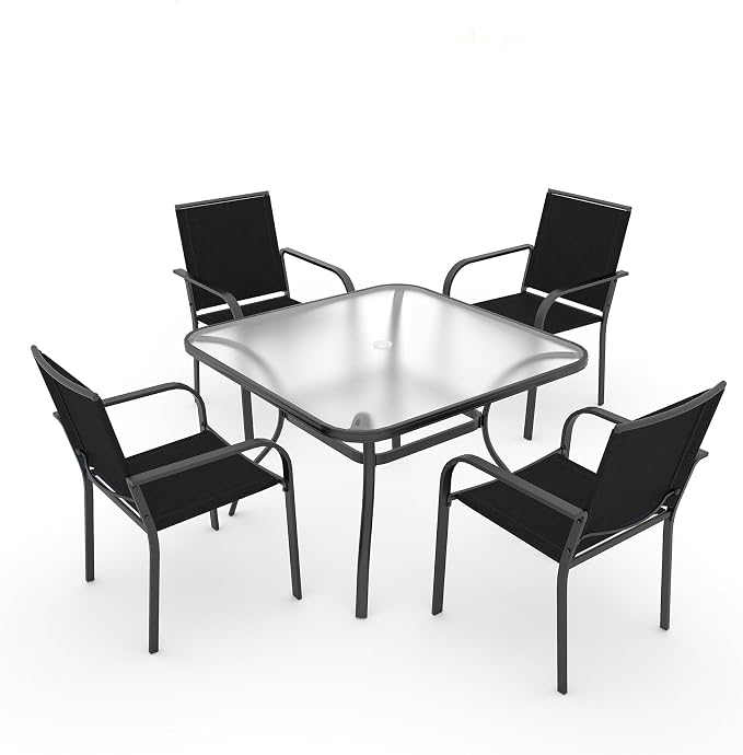 Anmutig 5-Piece Outdoor Patio Dining Set 37-Inch Square Glass Table with 4 Stackable Chairs for Lawn Backyard and Deck, Black