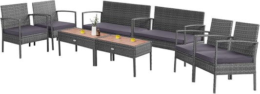 Tangkula 8 Pieces Rattan Patio Conversation Set, Patiojoy Outdoor Wicker Sofa with Seat Cushions, Heavy-Duty Steel Frame, Acacia Wood Tabletop, Outdoor Furniture for Poolside, Deck, Garden