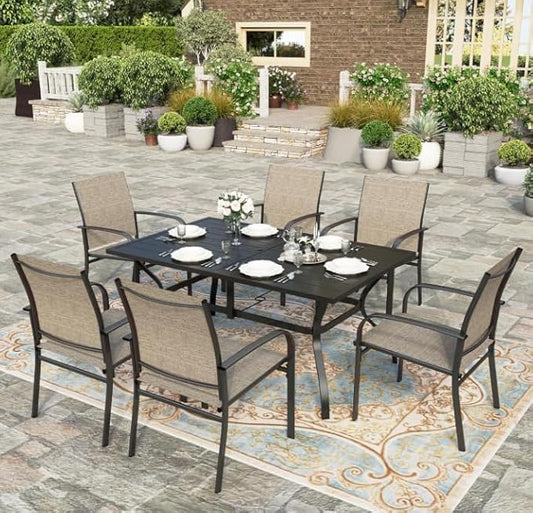 HERA'S HOUSE 7pc Patio Dining Set, 60" Metal Table, Textilene Chairs | Rectangular table with umbrella hole+ 6 brown chairs. Waterproof, rust-resistant, all-weather for backyard, porch