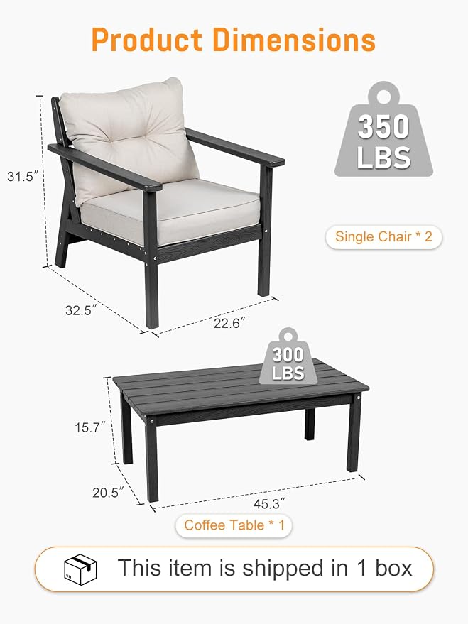 2 Seat HDPE Patio Conversation Set with Coffee Table, Outdoor Chairs Set | Water-Resistant Thick Cushion, HDPE All Weather, Wood-Grain, No Rot or Rust or Crack, UV Fade Shield, Easy-Clean for Outside