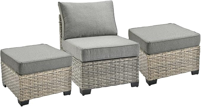 HOOOWOOO Outdoor Sectional Patio Furniture Set,3 Pieces Set with 1 Armless Wicker Chair and 2 Ottomans,Extra Deep Out Door Sofa Outside Furniture,Charcoal Gray