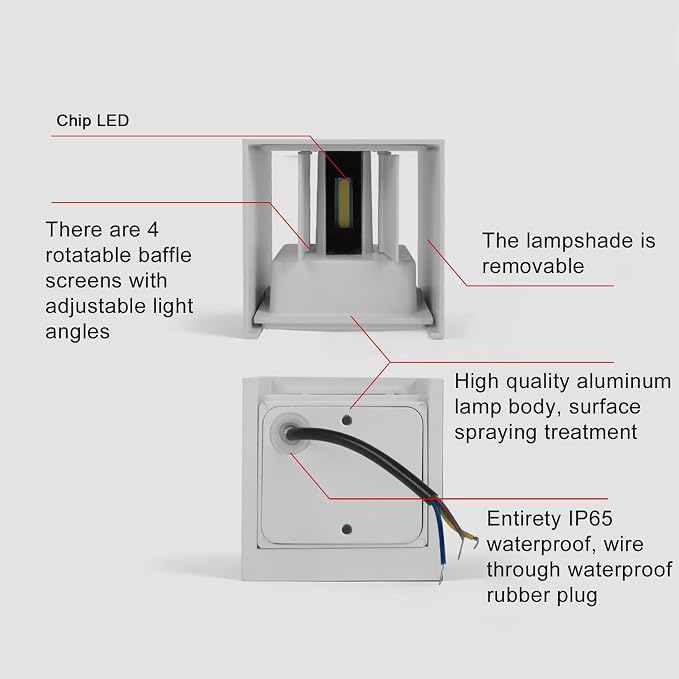 4 PCS LED 12W Outdoor Wall Lights Sconces Exterior/Interior Up and Down Lights IP65 Waterproof Modern Outdoor Lighting Fixtures Square Aluminum Exterior Wall Mount Light White 6500K Cold Lights
