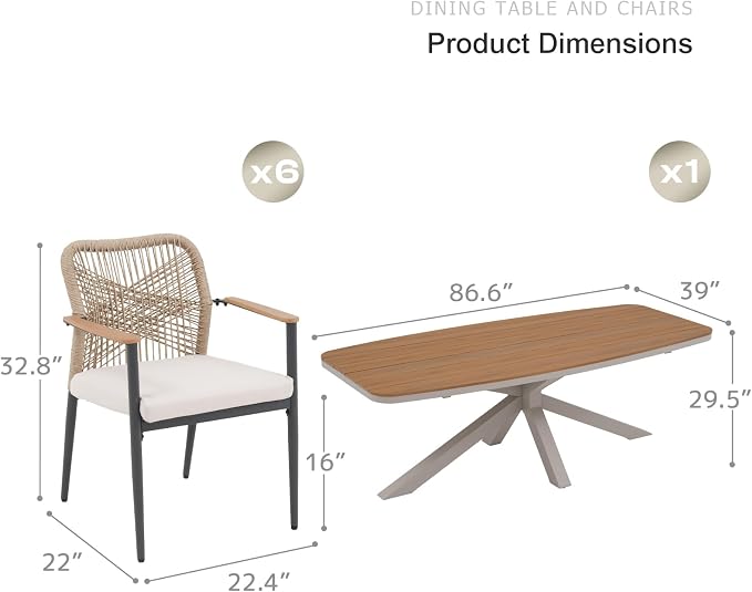 SUNSITT 7 Piece Outdoor Patio Dining Set, Patio Dining Furniture Set with 87” Aluminum Dining Table w/X Base Legs and 6 Woven Wicker Patio Chairs w/WPC Armrests for Garden, Flaxen