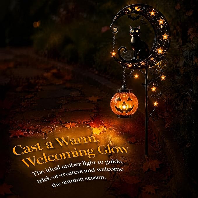 Solar Halloween Black Cat & Pumpkin Moon Garden Stake Light, Outdoor Waterproof LED Yard Decoration with Crescent Moon, Hanging Jack-o'-Lantern Lantern for Garden, Patio, Walkway, Porch (Style B C)