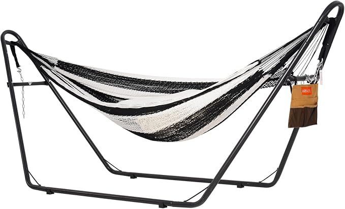 Lazy Daze Hammocks Handwoven Mayan Hammock with Heavy Duty Steel Stand, 10.5 FT Soft Rope Double Hammock for Patio Outside, 550 lbs Weight Capacity, Black/White