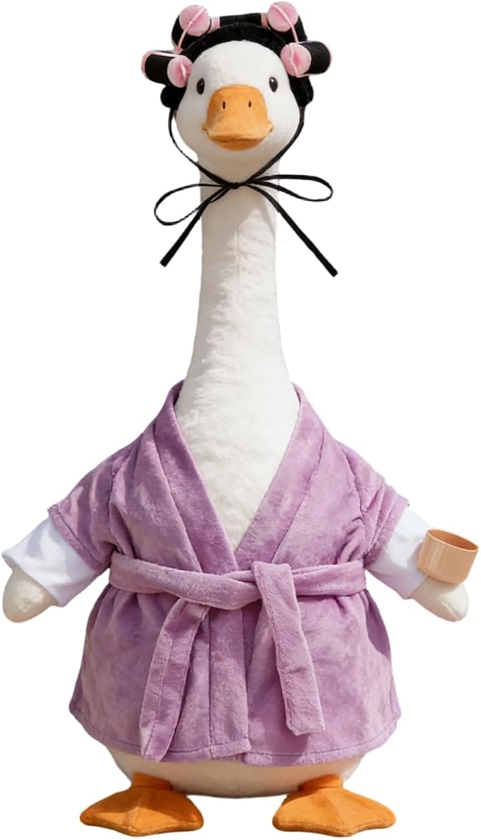 Old Lady Porch Goose Outfits Grandma Goose Clothes Glasses Curly Wig Floral Print Dress Cardign and Pearl Necklace,23'' Geese Statue Outdoor Patio Yard Lawn Decoration (Purple)