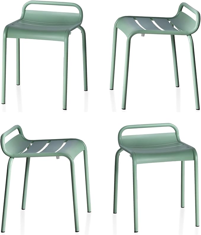 LOKKHAN 6-Piece Outdoor Patio Dining Set, Mint Green, 2 Round Tables and 4 Stackable Slatted Chairs, Minimalist Modern Poolside Garden Lounge Furniture, Sturdy Metal Frame, Balcony - Friendly