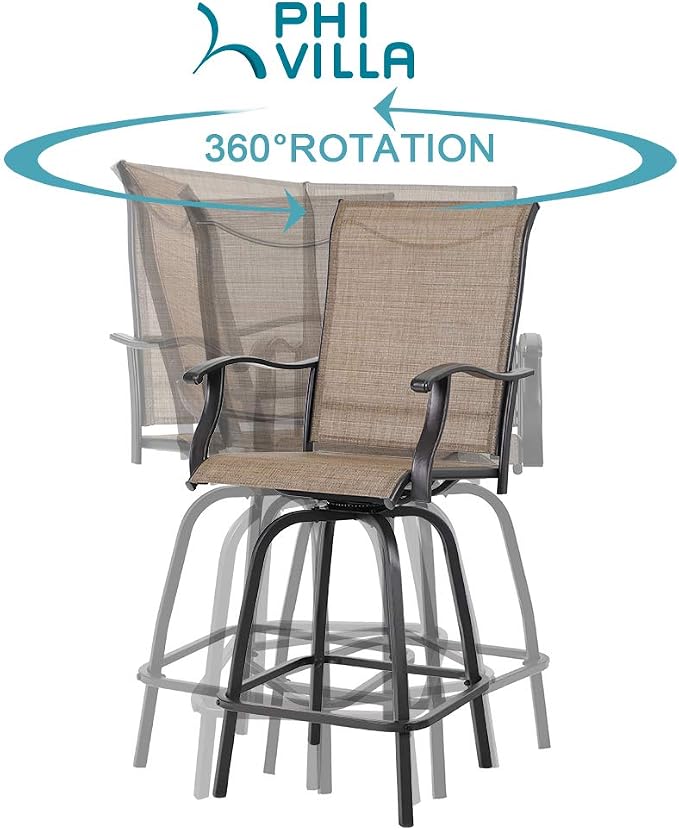 PHI VILLA 3 PCS Patio Swivel Bar Set Outdoor Furniture Bar Height Bistro Set, 2 Bar Stools and 1 Table, High Top Table and Chairs Set of 2 for Garden Porch Backyard