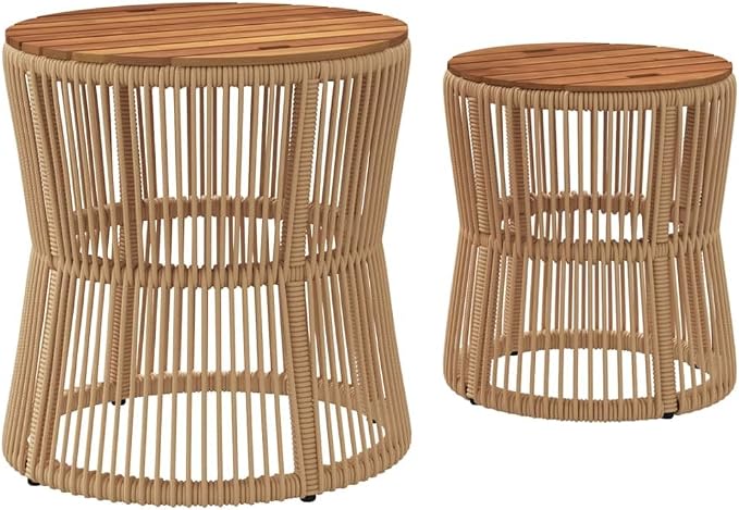 Patio Side Tables 2 Pcs with Wooden Top Beige Poly Rattan, Acacia Wood Outdoor End Tables Set, Powder-Coated Steel Frame for Garden Backyard Patio