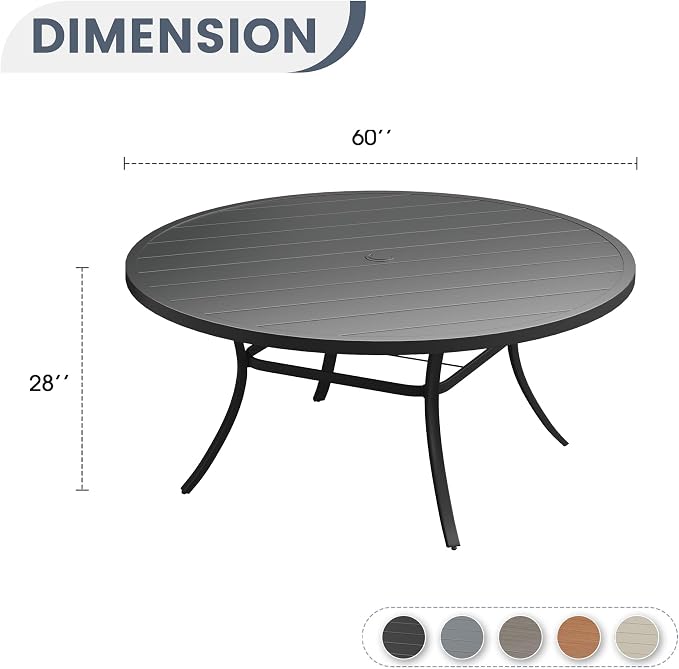 VICLLAX 60" Outdoor Round Patio Dining Table for 8-10, All Weather Metal Dining Table with Umbrella Hole for Deck Lawn Garden Backyard, Black