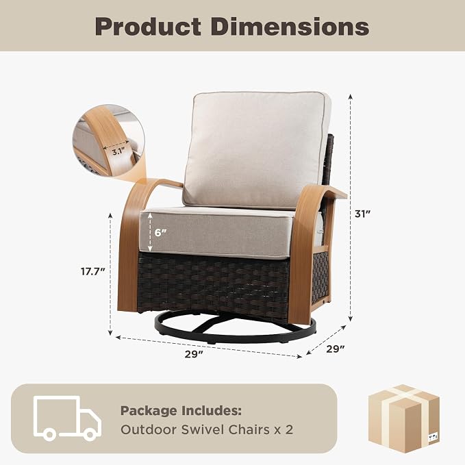 Belord Outdoor Swivel Chairs Set of 2, Wicker Rocking Chair with 6-Inch Thick Cushions, All Weather Rattan Rocker Patio Chair, Patio Furniture Set for Balcony Porch Deck Yard, Wood & Beige