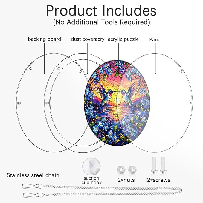 Acrylic Puzzle Suncatcher, Hummingbird & Flower Sun Catcher Jigsaw Puzzle Window Hanging, Acrylic Puzzles Kit Home Garden Decor, for Mom, Wife, Sisters, 7.87 inch