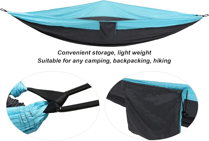 Double Hammock 210T Nylon Camping Swing, Outdoor Indoor Hanging Bed for 2 Person, Lightweight Portable Hammock with Carabiner Steel Buckle for Camping Hiking Backyard (Sky Blue and Dark Grey)