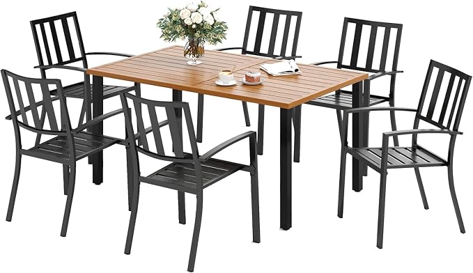 SUNSHINE VALLEY Patio Dining Set,Wood-Like Metal Table w/Umbrella Hole | 60x36 Table&6 Pcs Rust-Proof Stackable Chairs, Outdoor Table and Chairs Set for Backyard Garden Deck