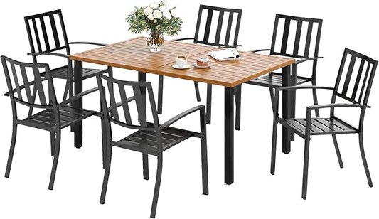 SUNSHINE VALLEY Patio Dining Set,Wood-Like Metal Table w/Umbrella Hole | 60x36 Table&6 Pcs Rust-Proof Stackable Chairs, Outdoor Table and Chairs Set for Backyard Garden Deck
