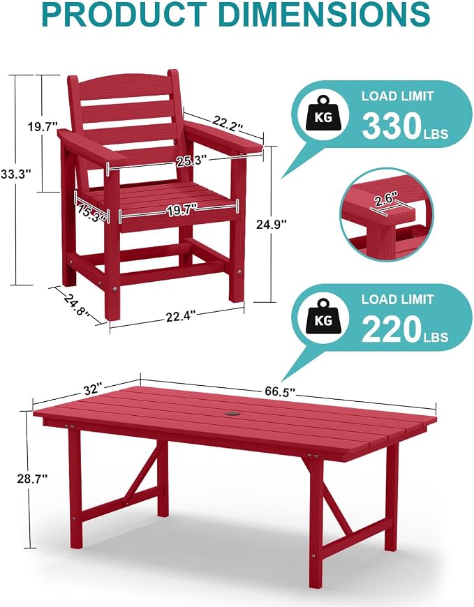 PLUUV Patio Dining Chair Set of 2, All Weather HDPE Outdoor Dining Chair with Wide Armrests & Ergonomic Design, Outdoor Patio Chairs for Backyard, Balcony, Reddish
