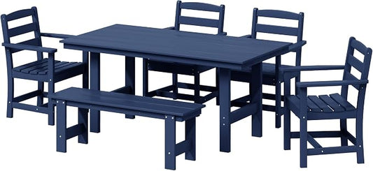WestinTrends Ashore 6-Piece Outdoor HDPE Patio Dining Table Set with Bench, Navy Blue