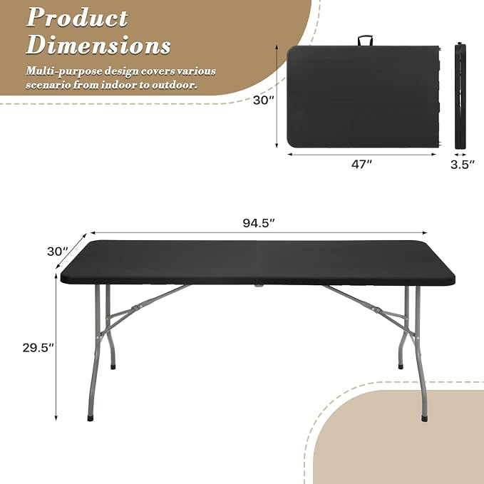 Athena Collection 8ft Folding Table, Lightweight Portable Desk with Handle, Square Foldable Plastic Table for Card Games, Collapsible Dining, Indoor Outdoor Camping Picnic & Party Use, Black