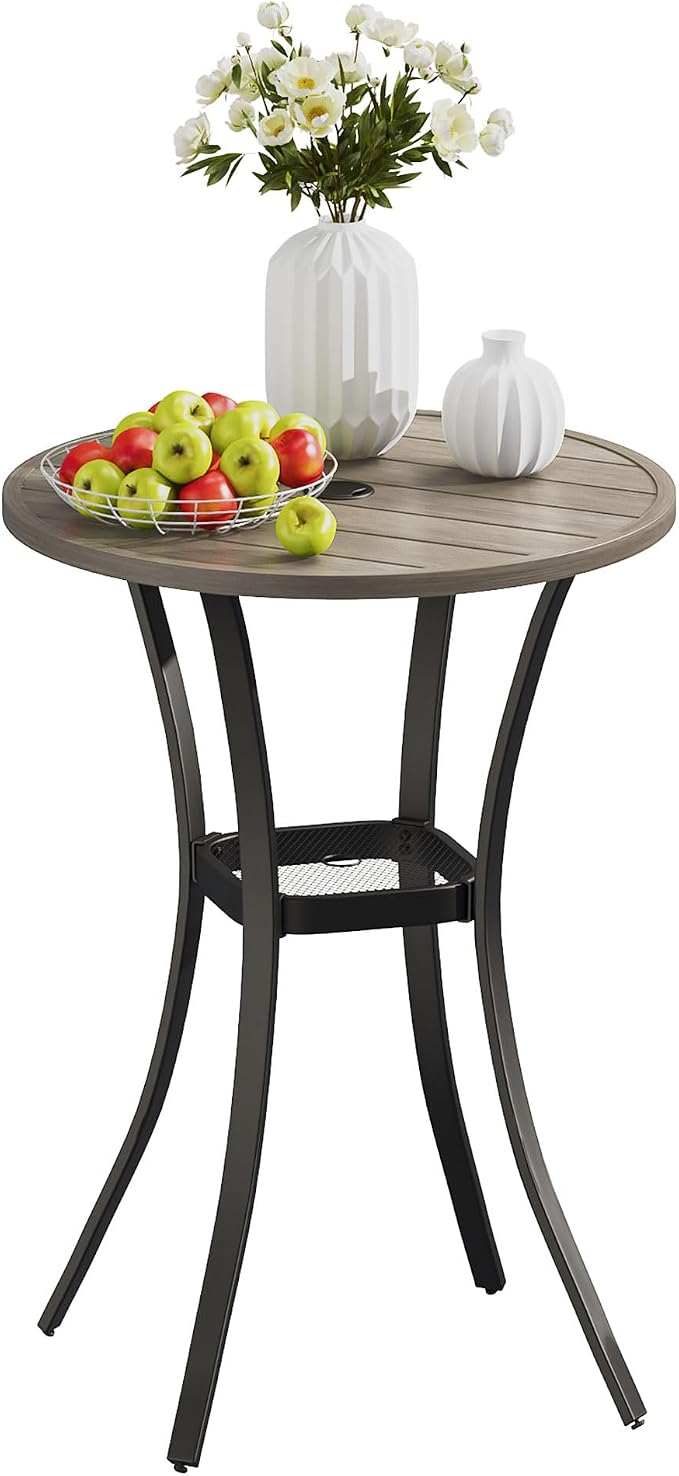 VICLLAX Outdoor Bar Table, 28" Wide Round Patio Bar-Height Table Weather Resistant Metal Slatted Tabletop with Umbrella Hole for Front Porch Deck, Backyard, Light Grey