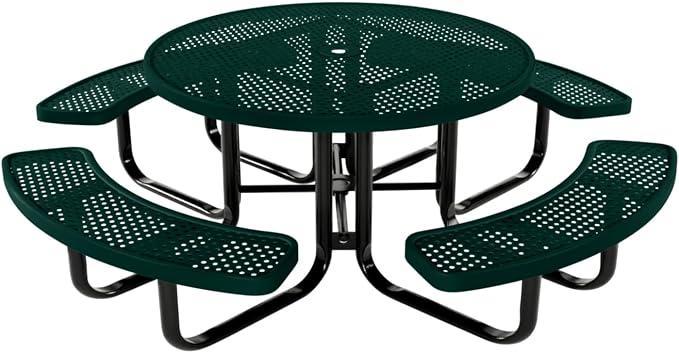 COATEDOUTDOORFURNITURE Heavy-Duty Portable Outdoor Kids Table with Umbrella Hole, Punched Steel Kids Picnic Table, Commercial-Grade, Made in America (46 in, Round, Childrens, Dark Green)