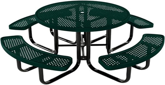 COATEDOUTDOORFURNITURE Heavy-Duty Portable Outdoor Kids Table with Umbrella Hole, Punched Steel Kids Picnic Table, Commercial-Grade, Made in America (46 in, Round, Childrens, Dark Green)