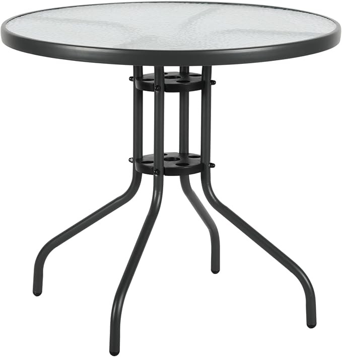 31.5" Indoor/Outdoor Glass Patio Table, Round Tempered Glass Top with Metal Frame, Bistro Dining Table for Balcony, Garden, Patio, Assembly Required