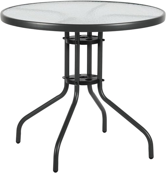 31.5" Indoor/Outdoor Glass Patio Table, Round Tempered Glass Top with Metal Frame, Bistro Dining Table for Balcony, Garden, Patio, Assembly Required