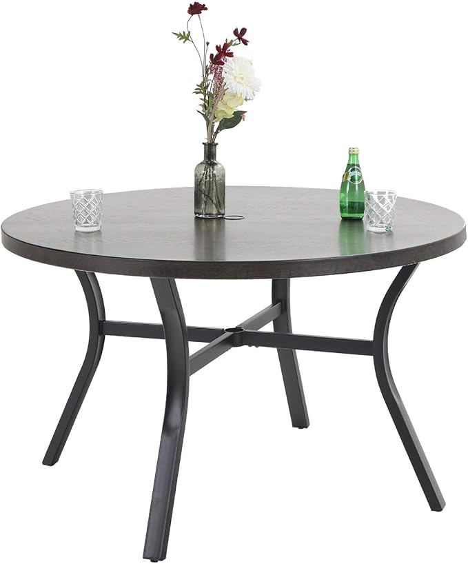 MFSTUDIO 44" Outdoor Round Dining Table with 2” Umbrella Hole, Patio Metal Dining Table with Wood-Like Texture Surface for Backyard, Garden, Lawn