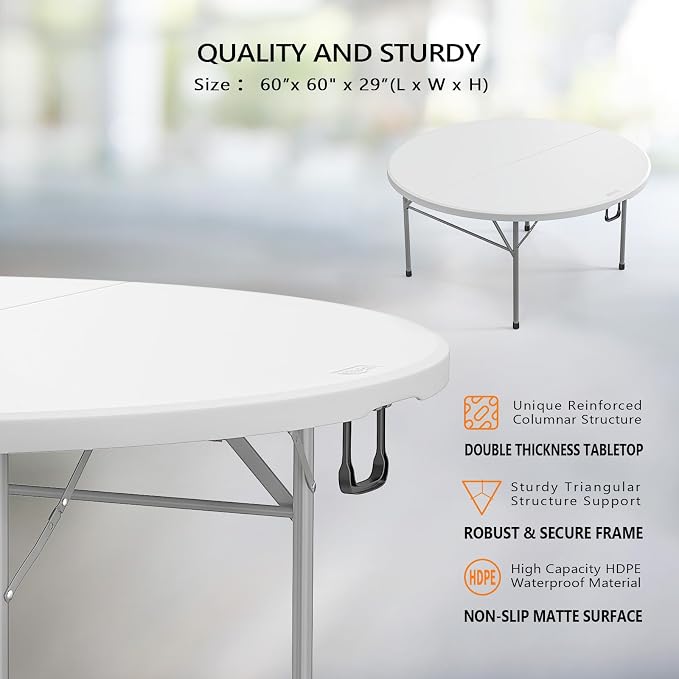 VINGLI White 5 FT Round Bi-Folding Commercial Table, 60 inch Portable Plastic Dining Card Table for Kitchen Party Wedding Event, 1-Pack