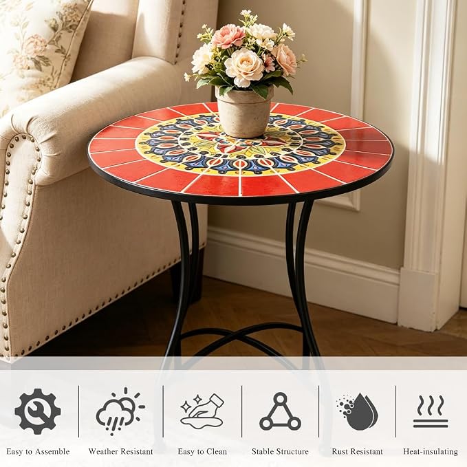 24 Inch Mosaic Patio Round Side Table with X-Curved Legs Indoor and Outdoor Accent End Table for Yard, Garden, Living Room, Bistro, B - Red Mandala