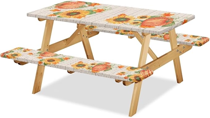 Fall Picnic Table Cover with Bench Covers Rectangle Pumpkin Sunflower Fitted Picnic Table Cover with Bench Covers Washable Table Cover Outdoor Patio Camping Essentials 72x30 Inches