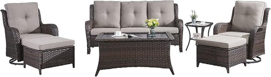 HUMMUH Patio Furniture 7 Pieces Outdoor Furniture Set PE Wicker Patio Couch with Swivel Glider Chairs,Patio Ottomans,Side Table